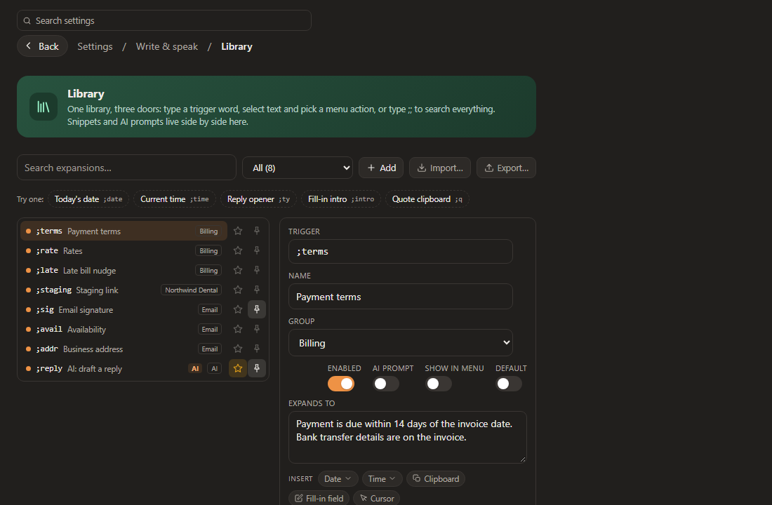 The expansion library: eight triggers such as ;terms, ;rate and ;sig in a list, and ;terms open, set to expand to the invoice payment terms