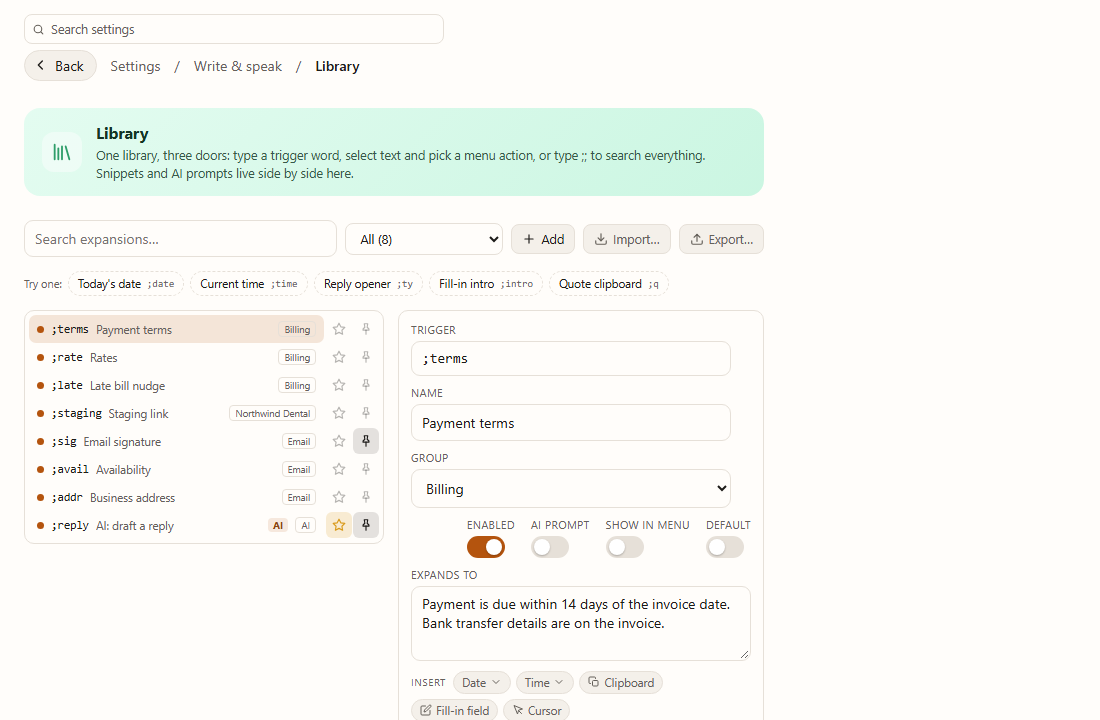The expansion library: eight triggers such as ;terms, ;rate and ;sig in a list, and ;terms open, set to expand to the invoice payment terms