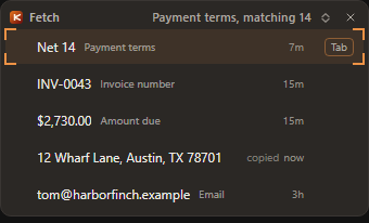 The Fetch list over a form box asking for payment terms: Net 14 on top, then an invoice number, an amount due, an address and an email, each with how long ago you had it