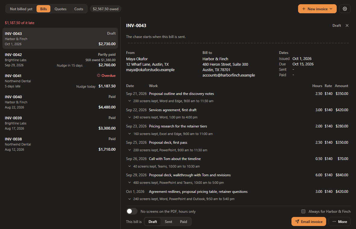 A draft bill, INV-0043 to Harbor & Finch: seven dated lines of work with hours at $140 an hour, a note under each line saying which apps were on screen, a total of $2,730.00, and an Email invoice button. The list of bills beside it shows one 5 days overdue.