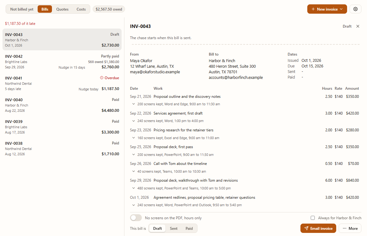 A draft bill, INV-0043 to Harbor & Finch: seven dated lines of work with hours at $140 an hour, a note under each line saying which apps were on screen, a total of $2,730.00, and an Email invoice button. The list of bills beside it shows one 5 days overdue.
