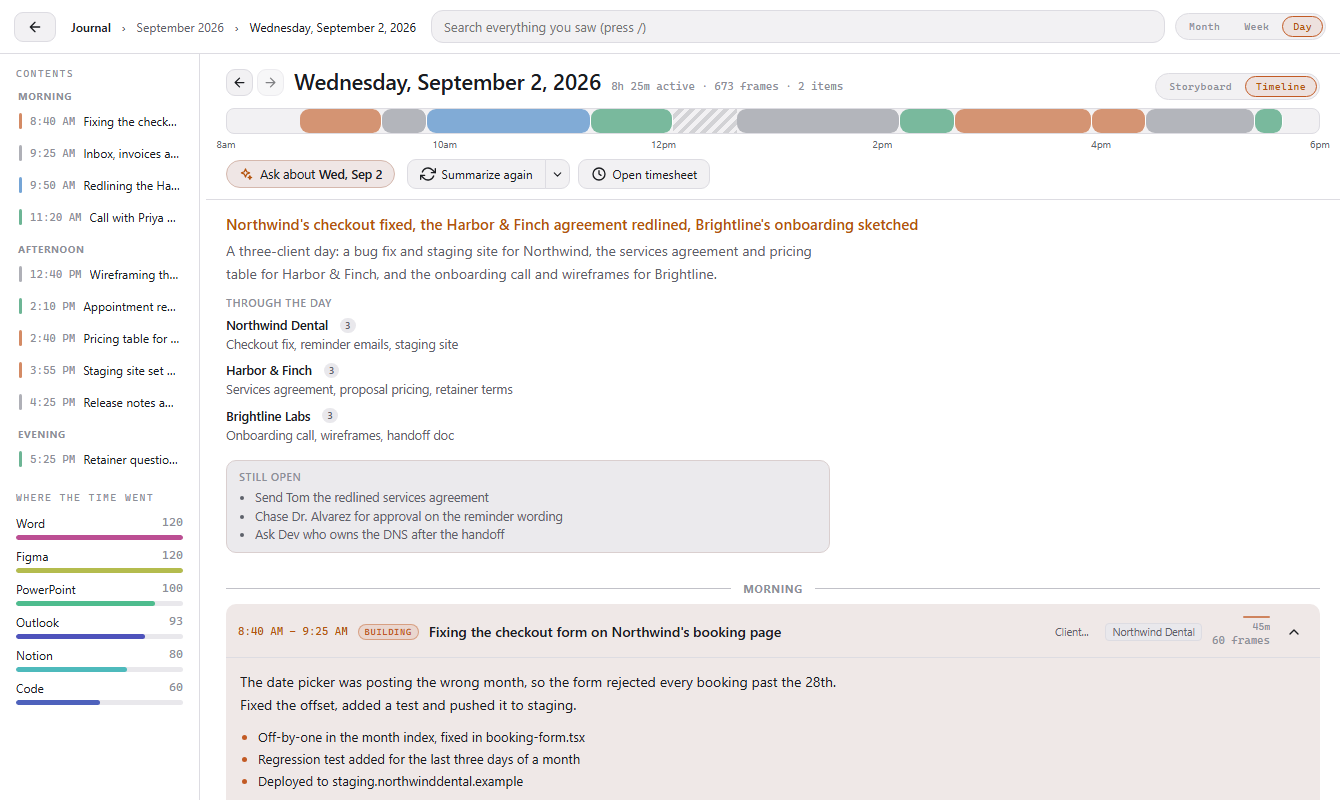 A day written up as a journal: a colored bar of the day's stretches, a headline, the three clients worked for, a list of what is still open, and the first stretch opened to show its recap and bullet points