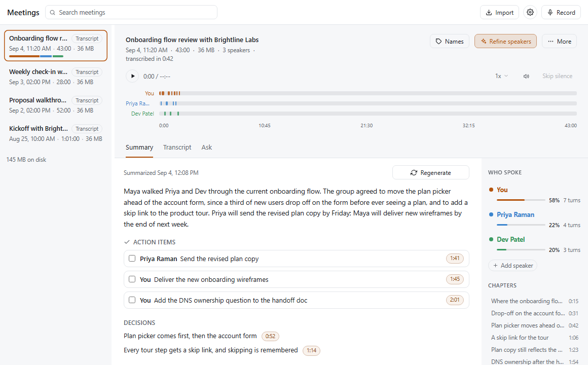 A recorded client call with three speakers told apart on a timeline, a written summary, action items with owners and timestamps, decisions, and who spoke for how long