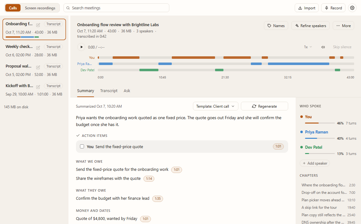 The Meetings view with a client call open: a short written summary, one action item, what each side owes, and the money and dates that came up, each with the time it was said