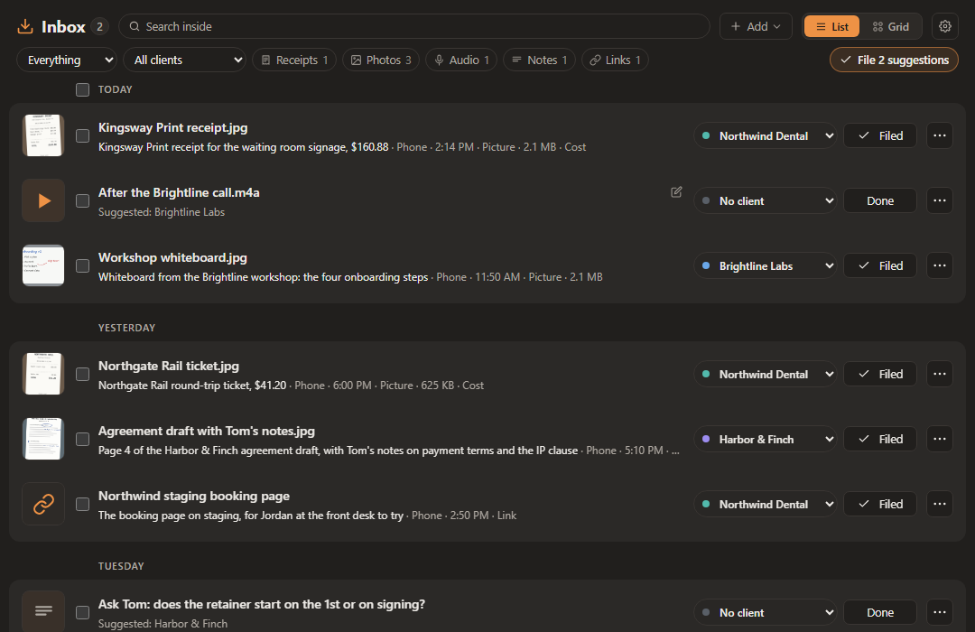 The Inbox on the PC: receipts, photos, a voice memo, a note and a link sent from the phone, grouped by day, each with a one-line description and a client, filed or suggested