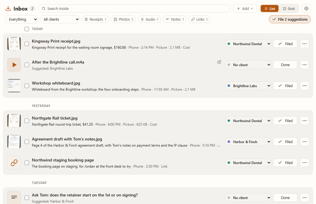 The Inbox on the PC: receipts, photos, a voice memo, a note and a link sent from the phone, grouped by day, each with a one-line description and a client, filed or suggested