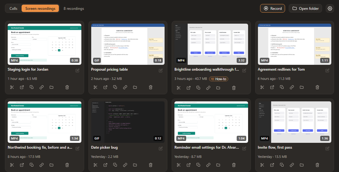 Eight screen recordings as a grid of previews, each marked MP4 or GIF with its length, name, when it was made and its size, and quick actions under each one