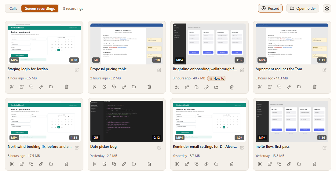 Eight screen recordings as a grid of previews, each marked MP4 or GIF with its length, name, when it was made and its size, and quick actions under each one