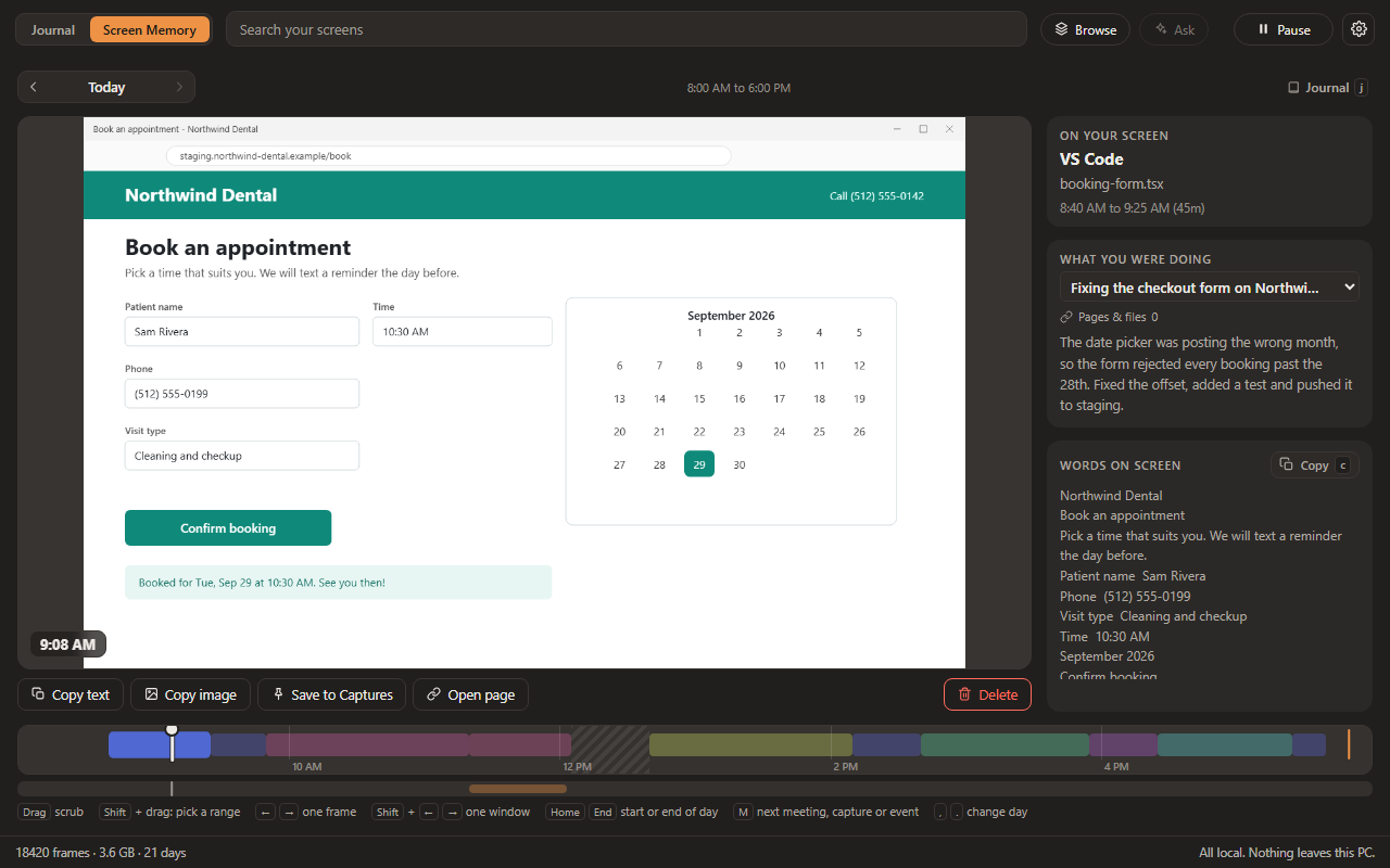 Screen Memory scrubbed back to 9:08 AM: the booking page that was on screen, what you were doing at the time, the words read off the screen ready to copy, and the day's timeline along the bottom