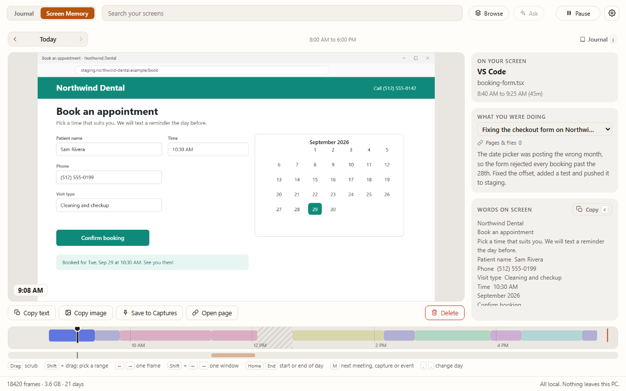 Screen Memory scrubbed back to 9:08 AM: the booking page that was on screen, what you were doing at the time, the words read off the screen ready to copy, and the day's timeline along the bottom